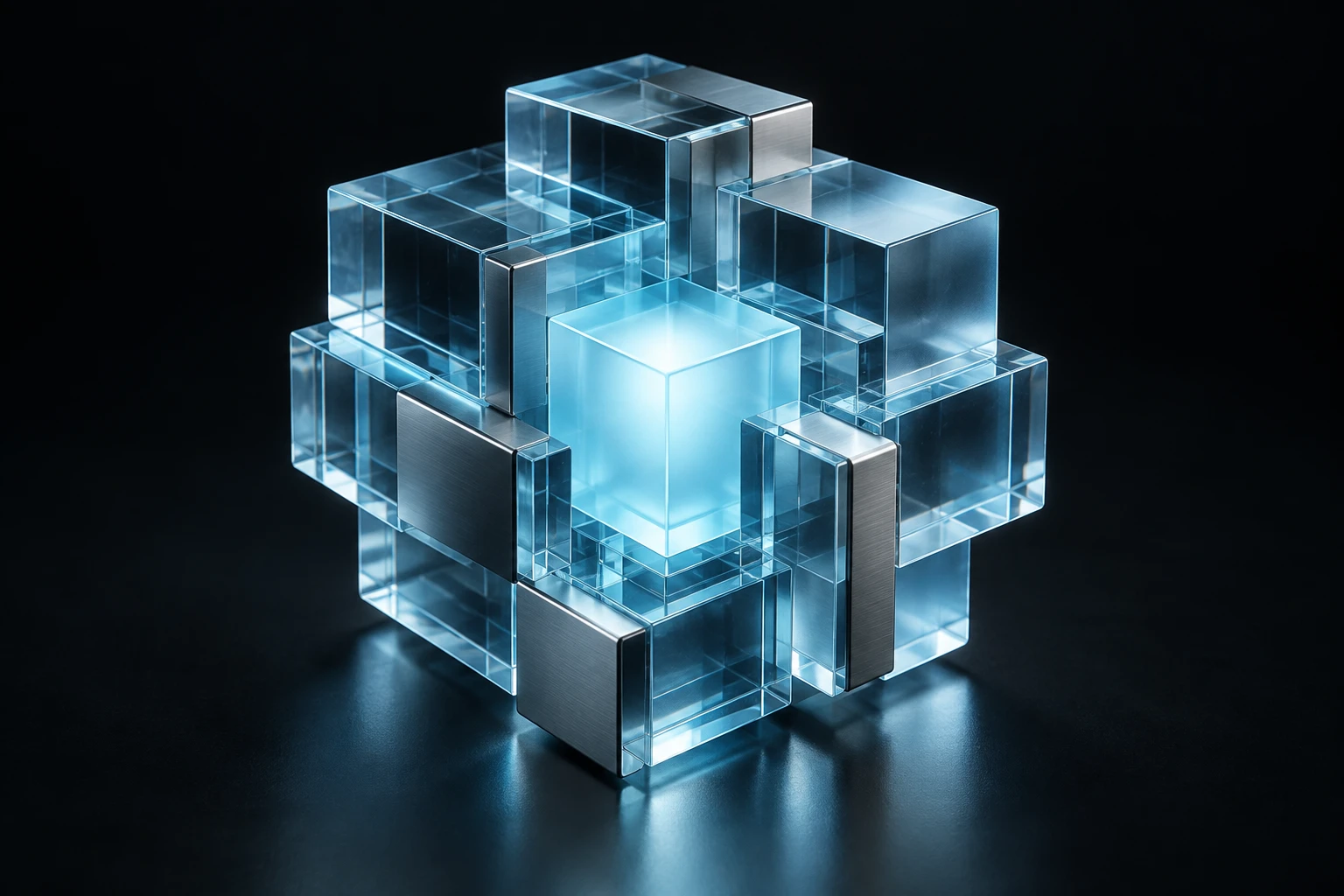 Blue glass modules connected to a central core